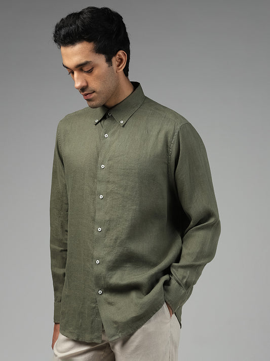 Ascot Solid Olive Green Relaxed Fit Linen Shirt