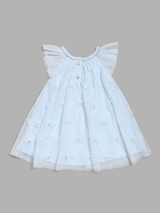 HOP Baby Fit & Flare Floral Embroidered Light Blue Dress