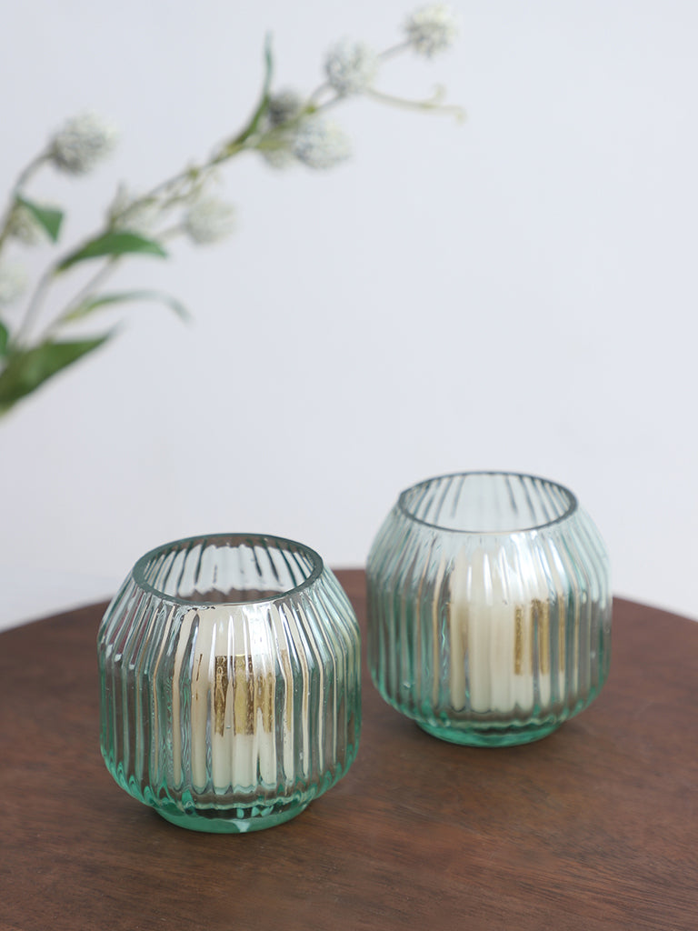 Westside Home Glass Ribbed Tea Light Small Candle Holder- (Set of 2)