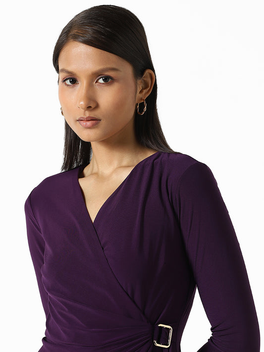 Wardrobe Solid Dark Purple Wrap Dress