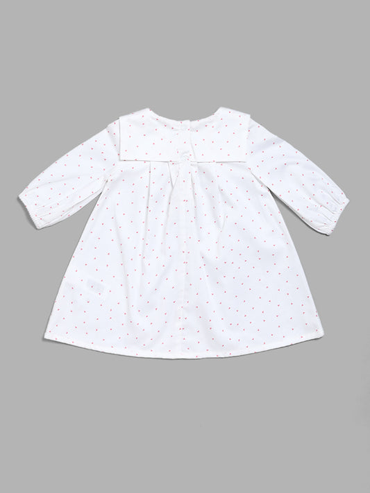 HOP Baby Heart Printed White Dress with Bow
