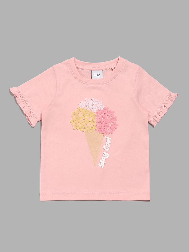 HOP Kids Ice-Cream Embellished Pink T-Shirt