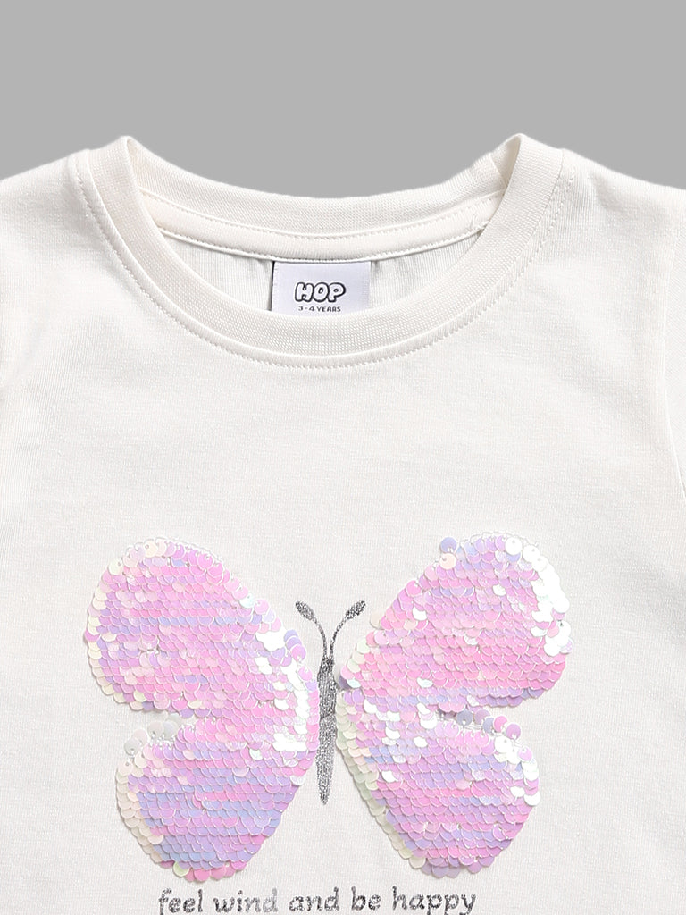 HOP Kids White Butterfly Sequin Embroidered T-Shirt