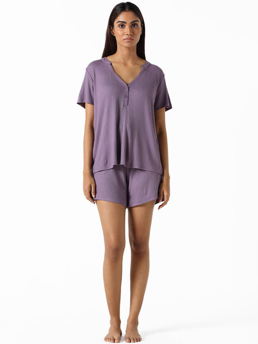 Wunderlove Violet Ribbed Relaxed-Fit Modal Supersoft Shorts