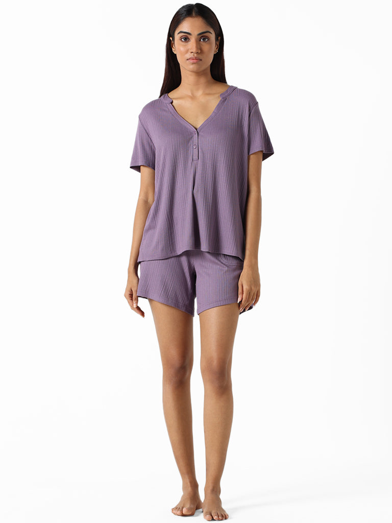 Wunderlove Violet Ribbed Relaxed-Fit Modal Supersoft Top
