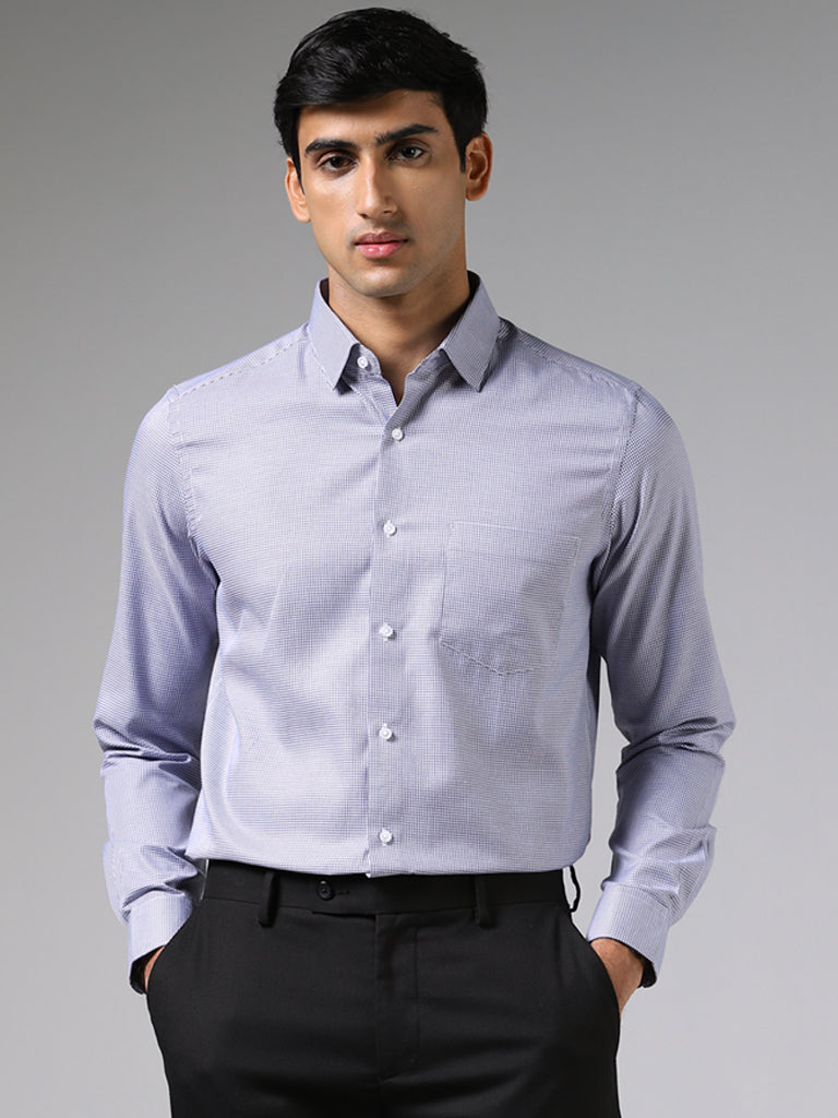 WES Formals Light Blue Pin Checked Slim-Fit Shirt