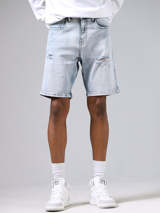 Nuon Solid Ice Blue Denim Slim-Fit Mid-Rise Shorts