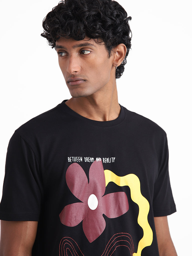Nuon Black Floral Graphic Printed Cotton Slim-Fit T-Shirt