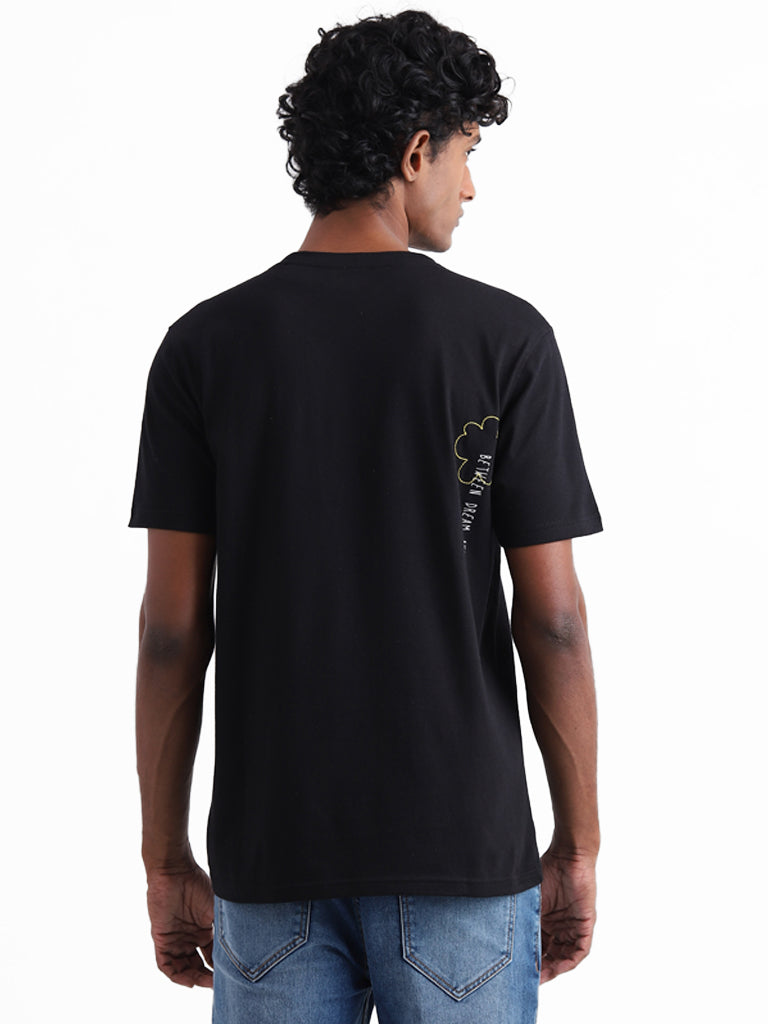 Nuon Black Floral Graphic Printed Cotton Slim-Fit T-Shirt