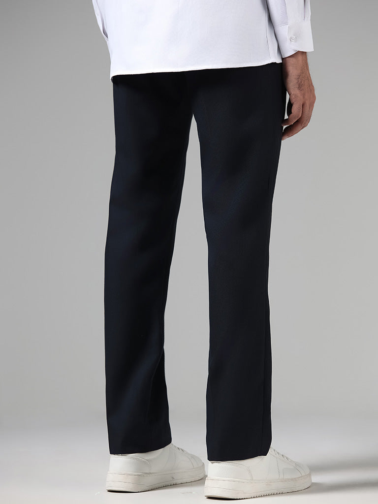 WES Formals Solid Navy Relaxed-Fit Mid-Rise Trousers