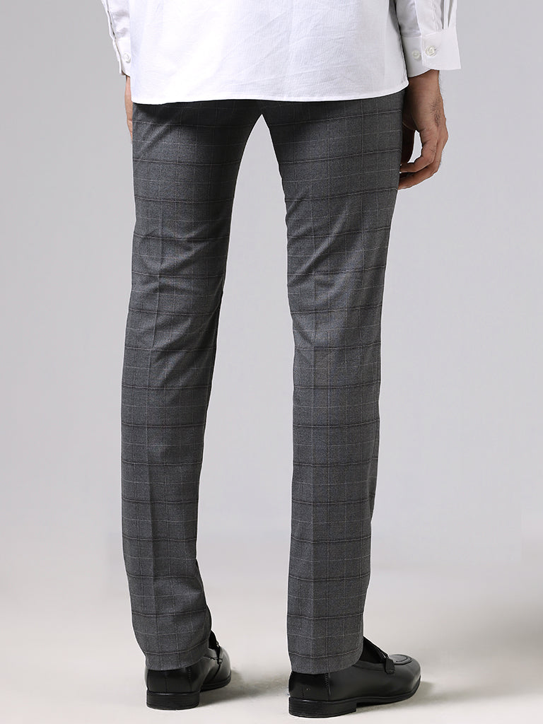 WES Formals Charcoal Grey Checked Ultra Slim-Fit Mid-Rise Trousers
