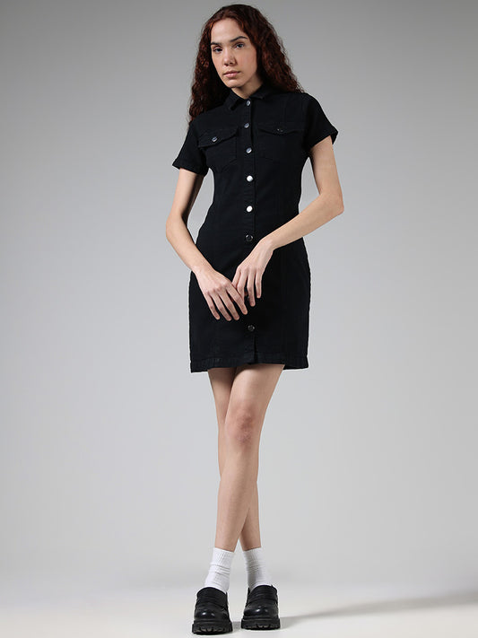 Nuon Solid Black Denim Shirt Dress