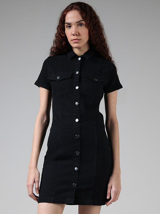 Nuon Solid Black Denim Shirt Dress