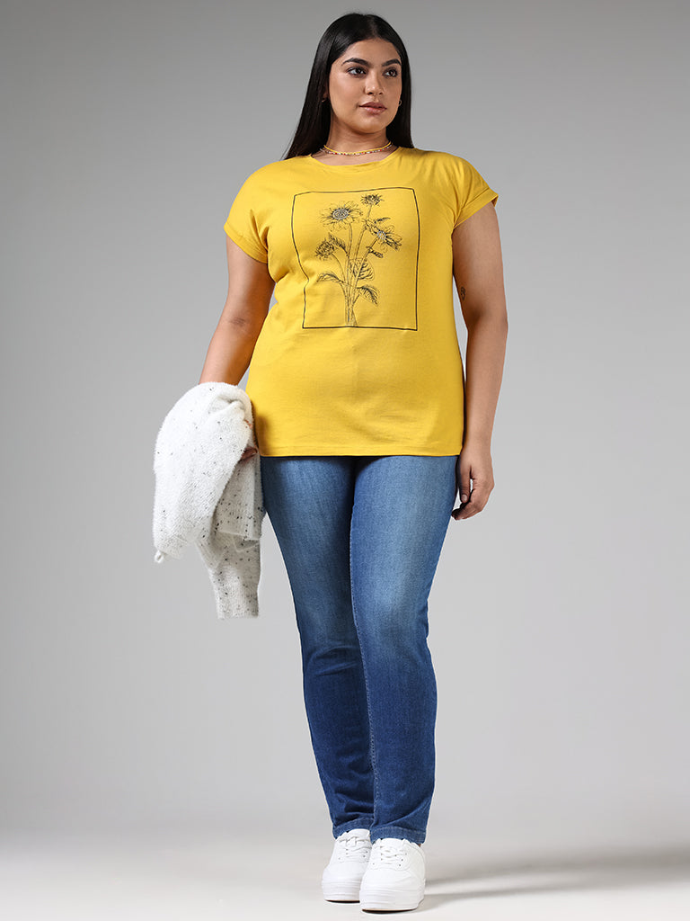 Gia Yellow Floral Printed Embellished Cotton T-Shirt
