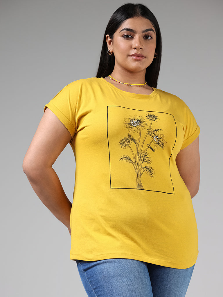 Gia Yellow Floral Printed Embellished Cotton T-Shirt