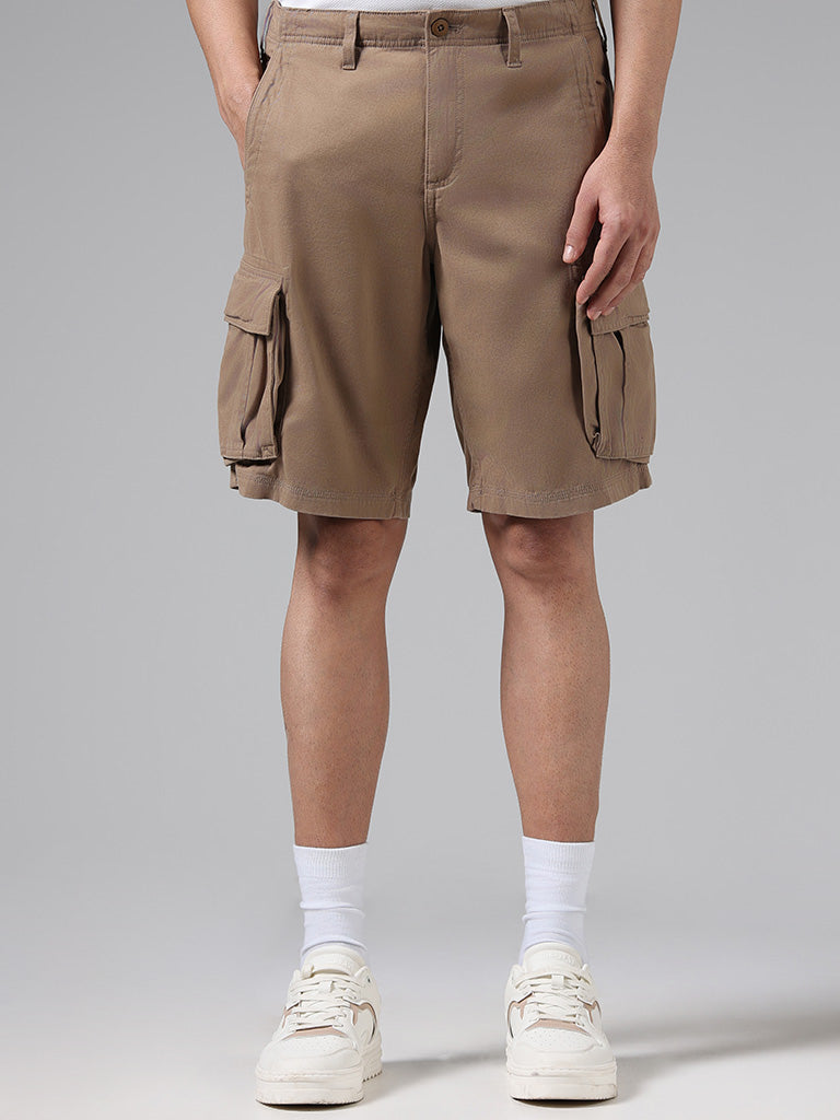 WES Casuals Solid Beige Mid-Rise Cotton Relaxed-Fit Shorts