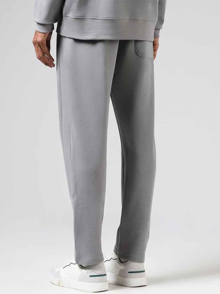 Studiofit Solid Grey Cotton Blend Relaxed-Fit Mid-Rise Track Pants