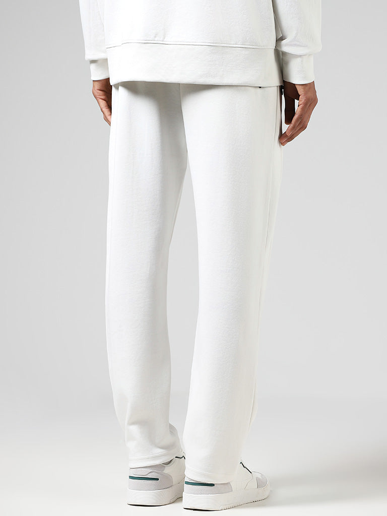 Studiofit Solid White Cotton Blend Relaxed-Fit Mid-Rise Track Pants