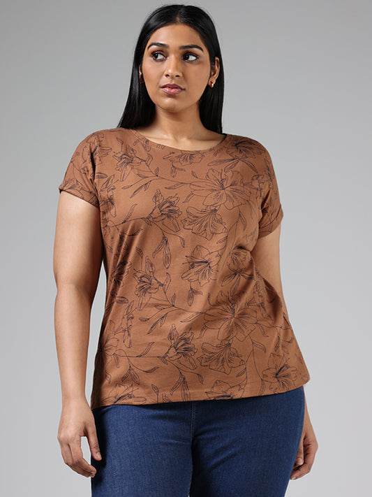 Gia Brown Floral Printed Cotton T-Shirt