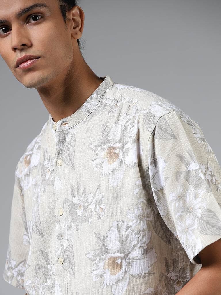 ETA Beige Floral Printed Cotton Relaxed-Fit Shirt