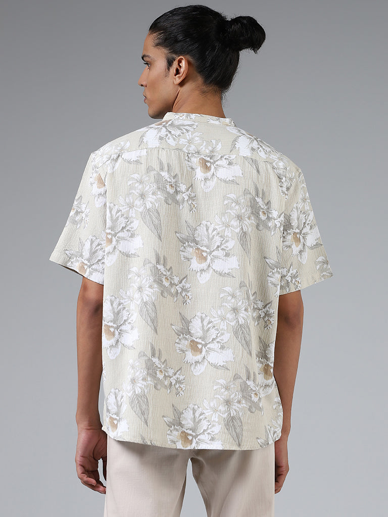 ETA Beige Floral Printed Cotton Relaxed-Fit Shirt