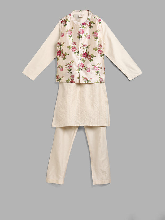 Utsa Kids Cream Kurta with Floral Jacket & Pants Set
