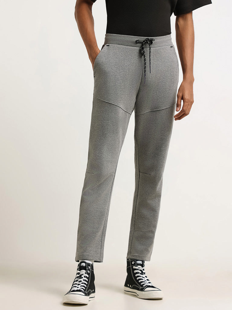 Studiofit Solid Grey Relaxed-Fit Mid-Rise Track Pants