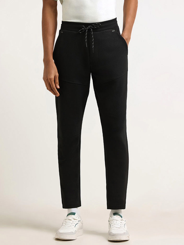 Studiofit Solid Black Relaxed-Fit Mid-Rise Track Pants