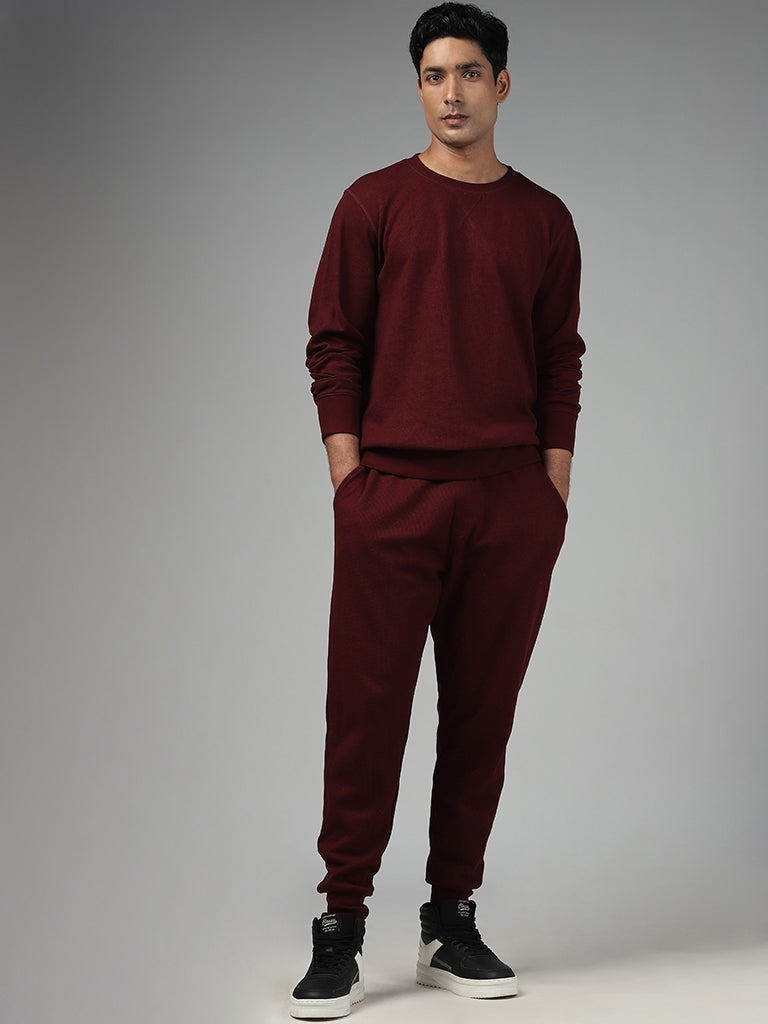 WES Lounge Solid Wine Ribbed Relaxed-Fit Sweatshirt