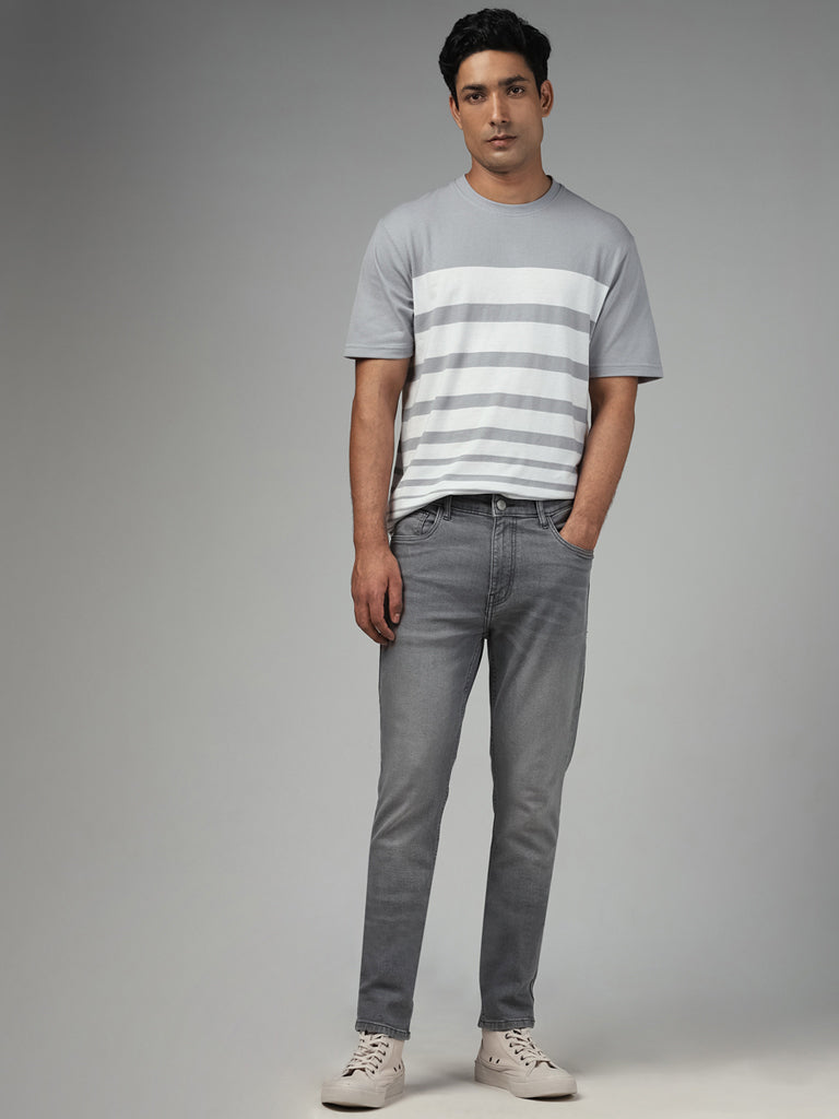 WES Lounge Grey Striped Cotton Blend Relaxed-Fit T-Shirt