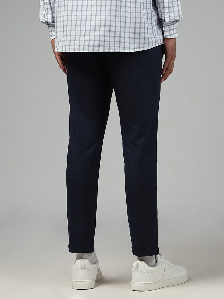 WES Formals Solid Navy Blue Slim-Fit Mid-Rise Trousers