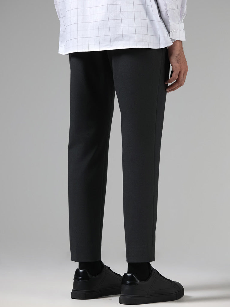 WES Formals Solid Charcoal Slim-Fit Mid-Rise Trousers
