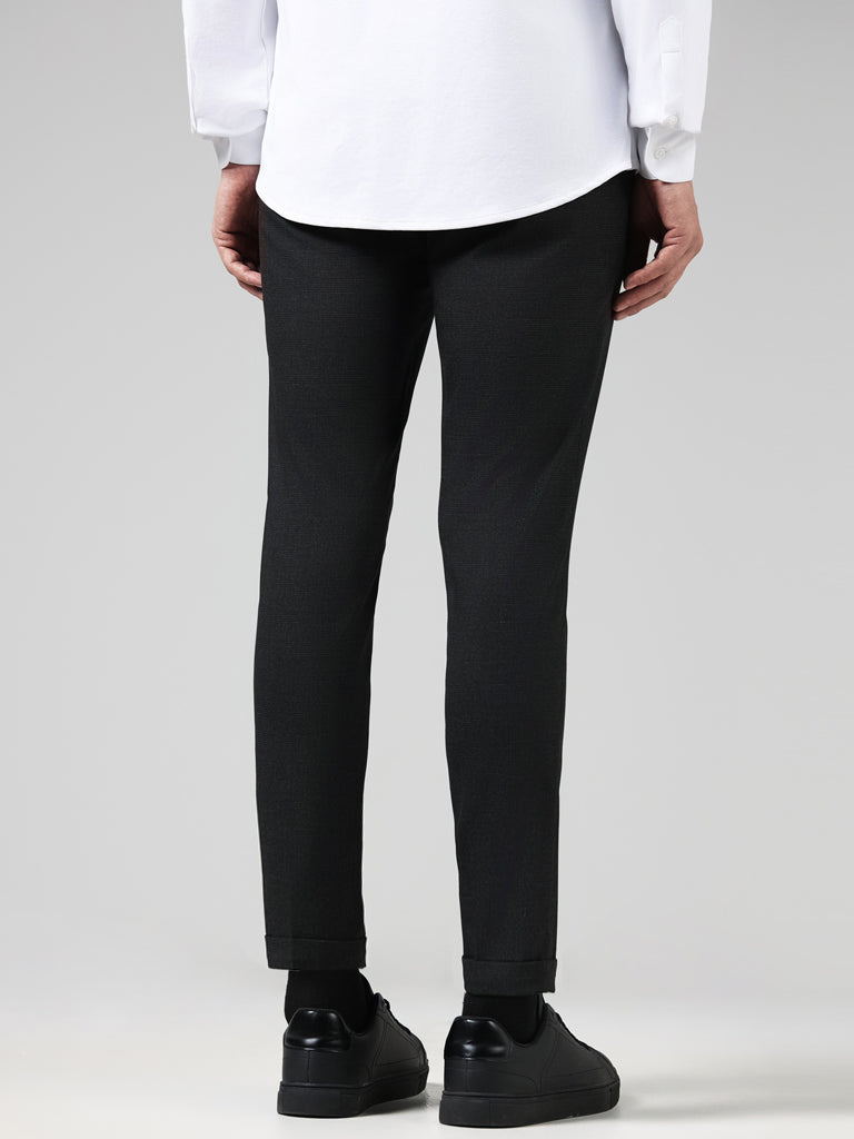 WES Formals Solid Charcoal Slim-Fit Low-Rise Trousers