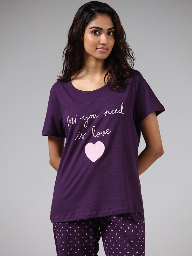 Buy Wunderlove Violet Typographic Printed T-Shirt & Checked Pyjamas Set  from Westside