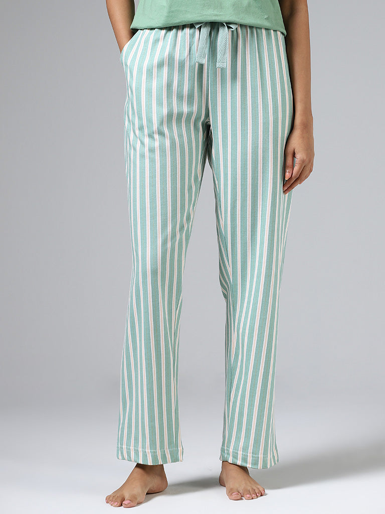 Twill Pajama Pants - Light green/striped - Ladies
