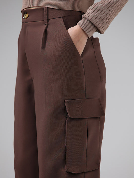 Nuon Solid Brown High-Rise Cargo Pants