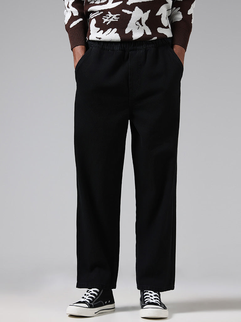 Nuon Solid Black Mid Rise Relaxed-Fit Mid-Rise Chinos
