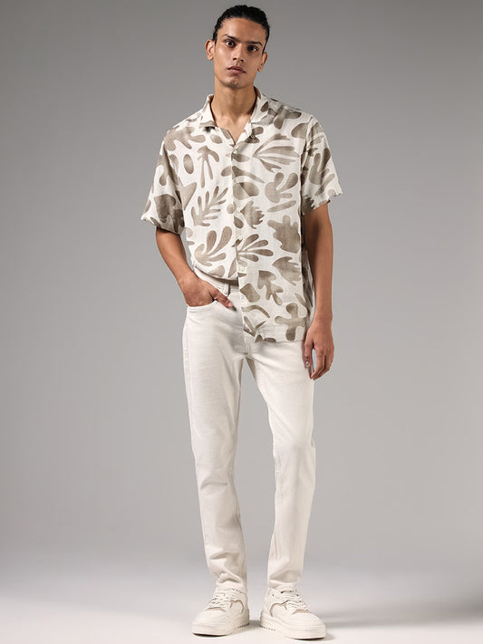 Nuon Off White Printed Relaxed-Fit Blended Linen Shirt