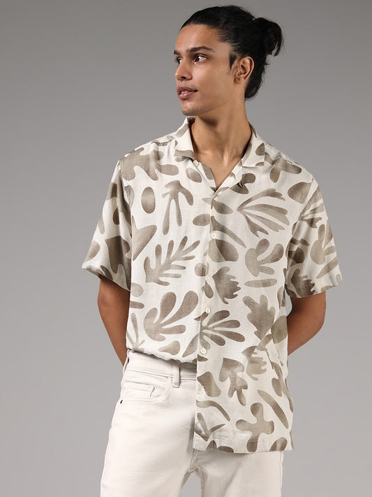Nuon Off White Printed Relaxed-Fit Blended Linen Shirt