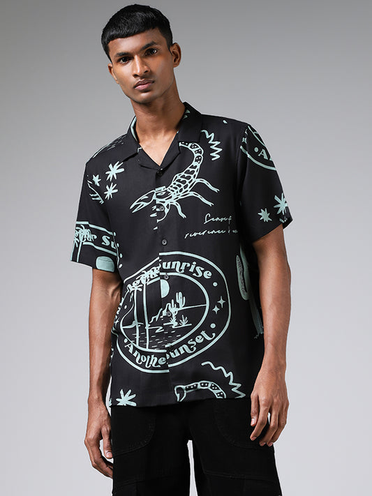Nuon Black Abstract Printed Relaxed-Fit Blended Linen Shirt