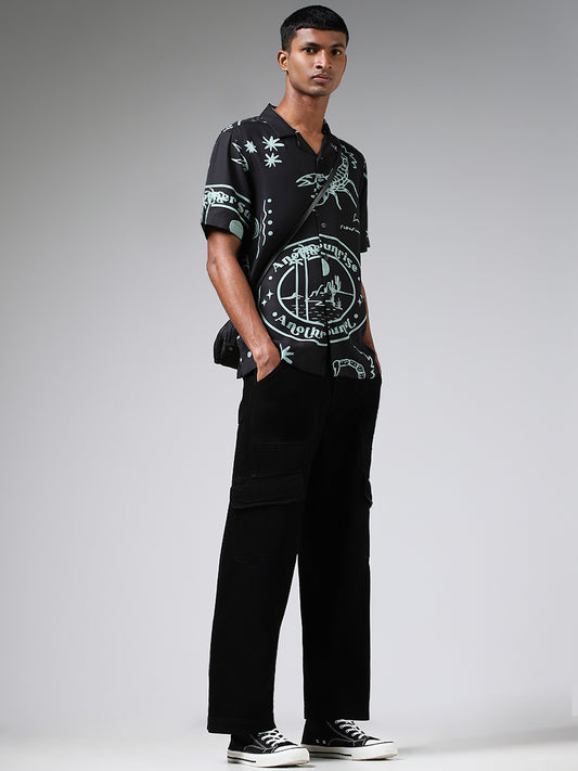 Nuon Black Abstract Printed Relaxed-Fit Blended Linen Shirt