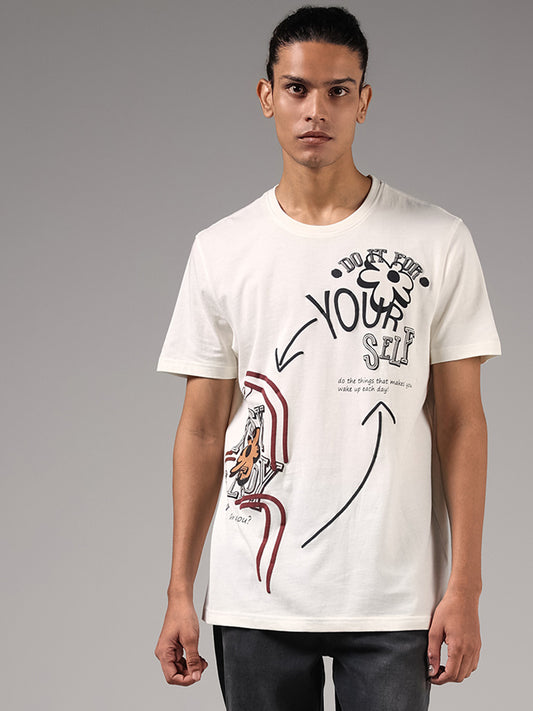 Nuon Off White Typographic Printed Cotton Slim-Fit T-Shirt