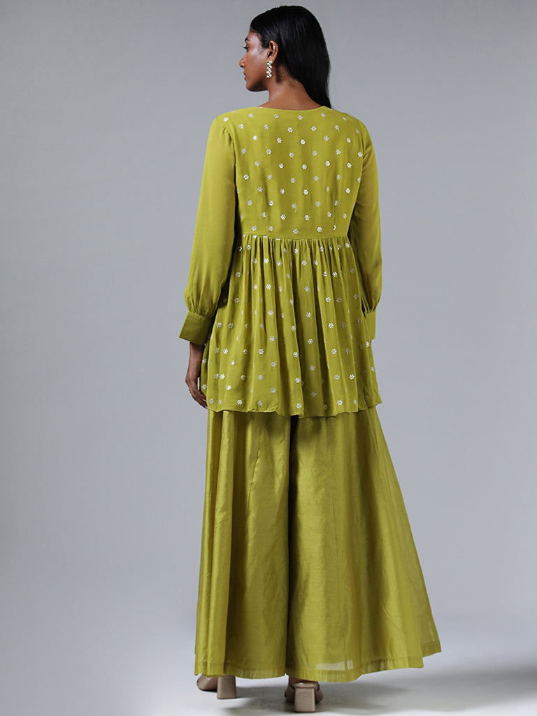 Buy Vark Lime Green Zari Embroidered Front Slit Kurta and Palazzos Set from  Westside