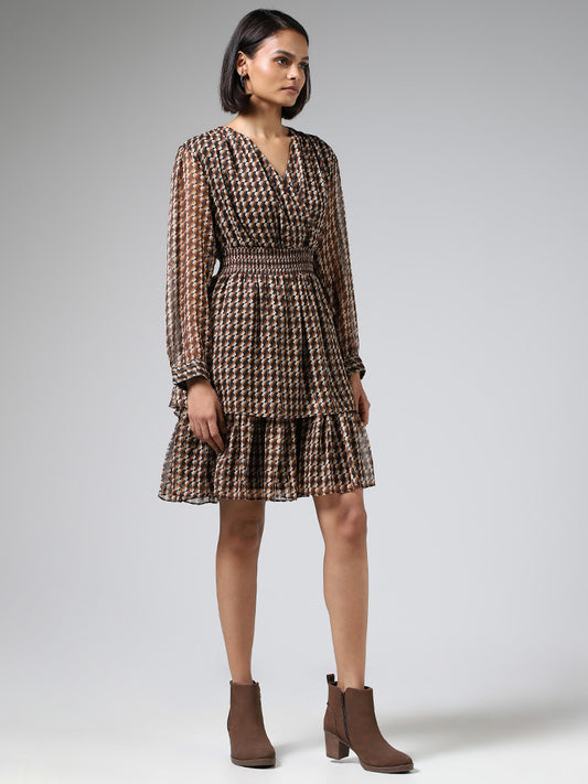 Wardrobe Brown Printed Layered A-Line Dress
