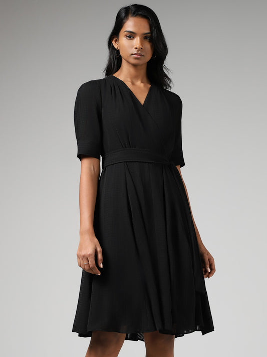 Wardrobe Black Surplice Neck A-Line Dress with Belt