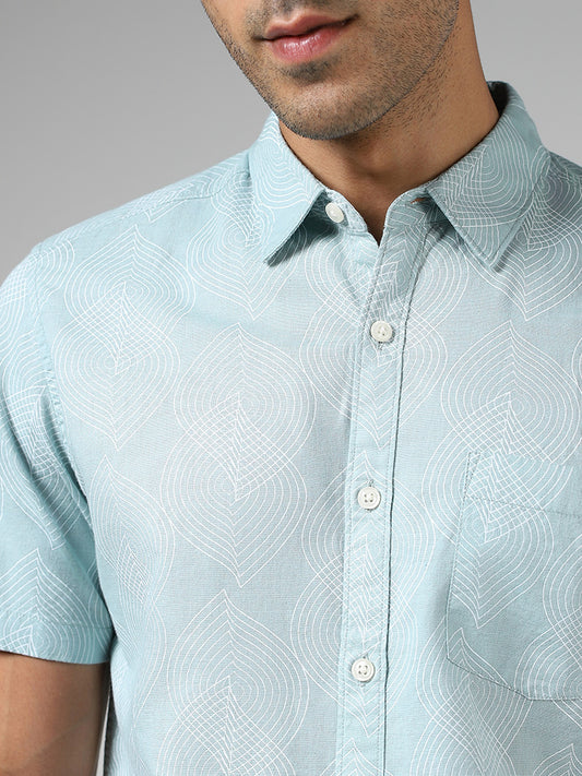 WES Casuals Sage Printed Slim-Fit Blended Linen Shirt