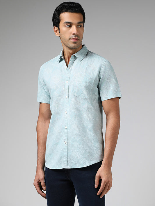 WES Casuals Sage Printed Slim-Fit Blended Linen Shirt