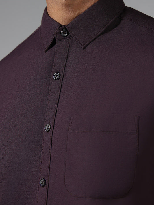 WES Casuals Solid Burgundy Slim-Fit Blended Linen Shirt