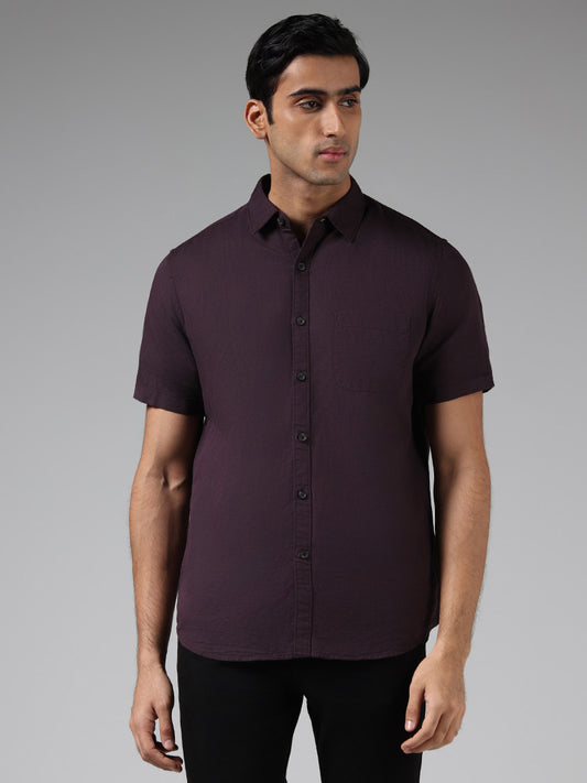 WES Casuals Solid Burgundy Slim-Fit Blended Linen Shirt