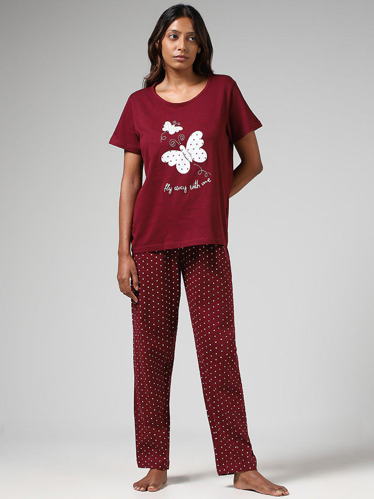 Wunderlove by Wine Embroidered T-Shirt, Polka Dot Printed Pyjamas & Bag Set